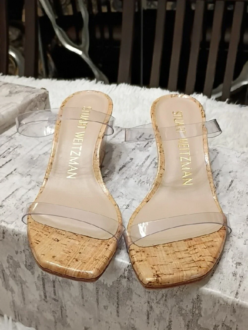 Stuart Weitzman Cork Wedge Sandals with Clear Straps - Natural & Clear - Picture 5 of 12